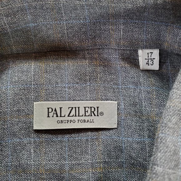 Pal Zileri Shirt Men Size 43 17" Gray Windowpane Plaid Casual Luxury Button Down - Picture 2 of 15